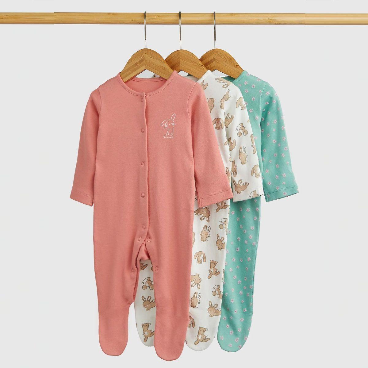 Mothercare Baby Girl Trad Bunnies Sleepsuit - 3 Pack